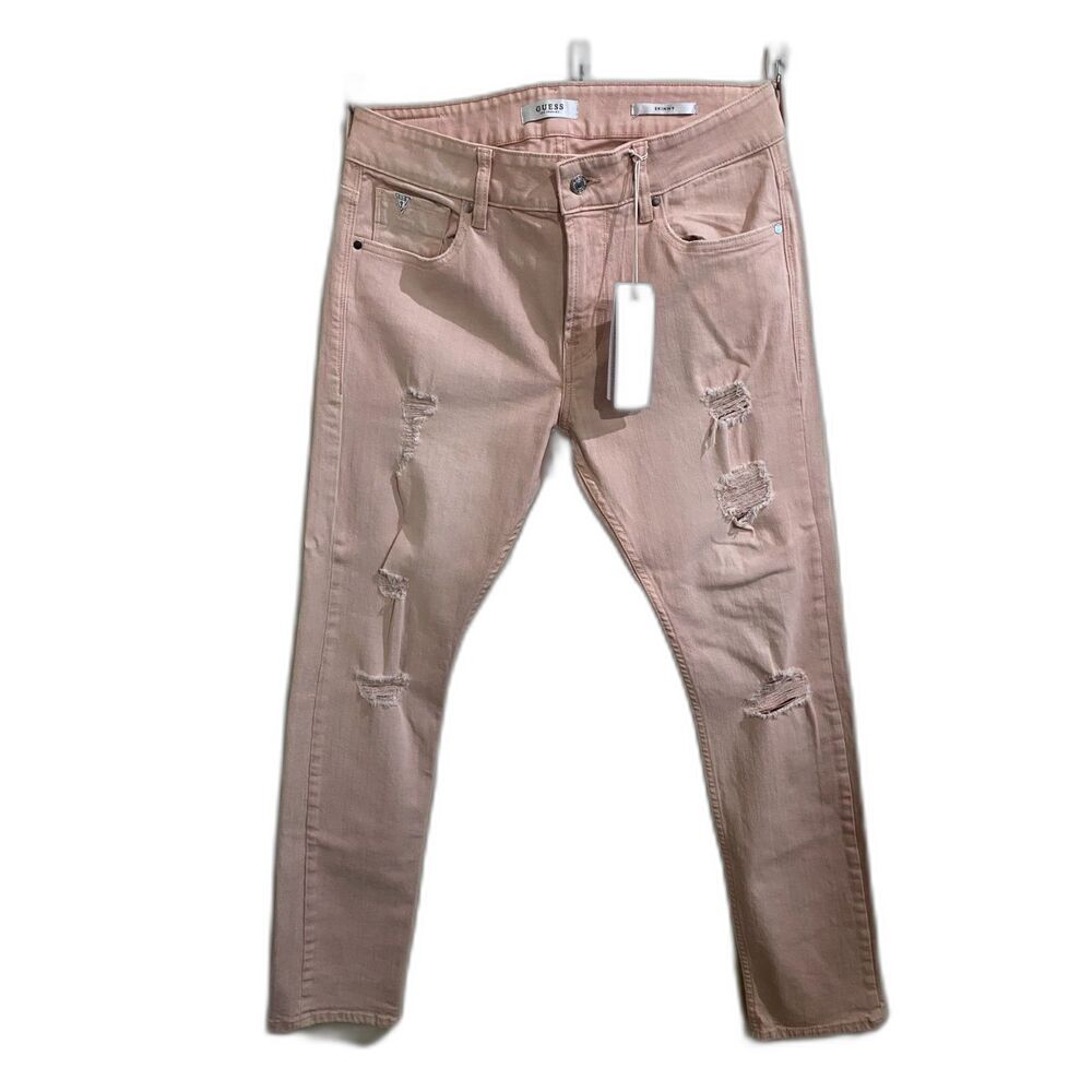 Guess NWT Distressed Skinny Jeans Men's 32 Waist Pink Denim Jeans with Holes